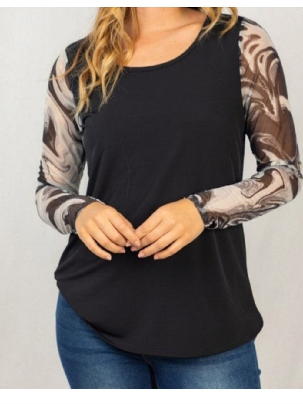 white birch Black Long-Sleeve Blouse with Marble Sheer Sleeves